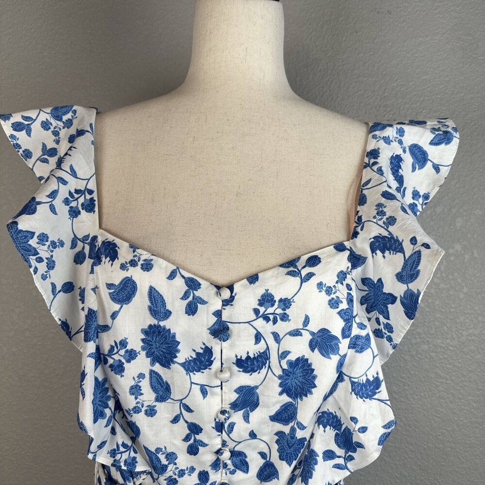 Gal Meets Glam Olivia Dress Size 14 Blue White Floral Ruffle Sleeve Pockets Belt - Picture 2 of 8